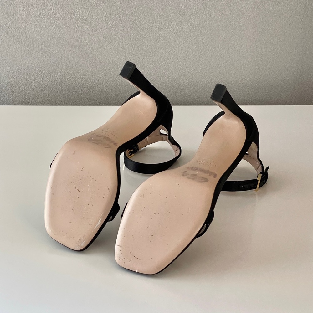 STUART WEITZMAN Black Silk Satin Square Nudist Heel Sandal - Picture 7 of 8